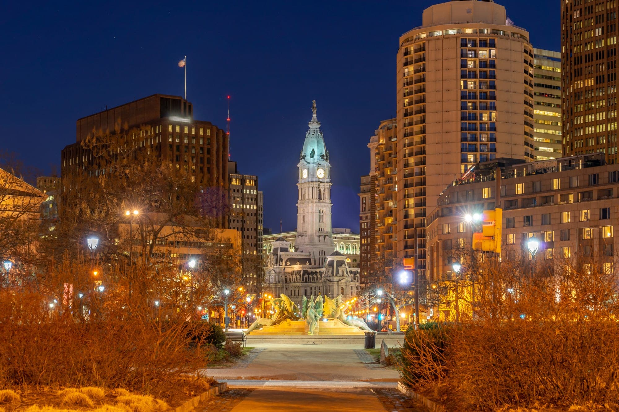 Philadelphia City Hall at night.