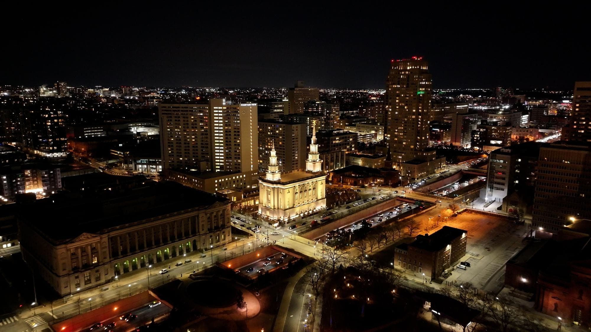 An illuminated Philadelphia church at night.