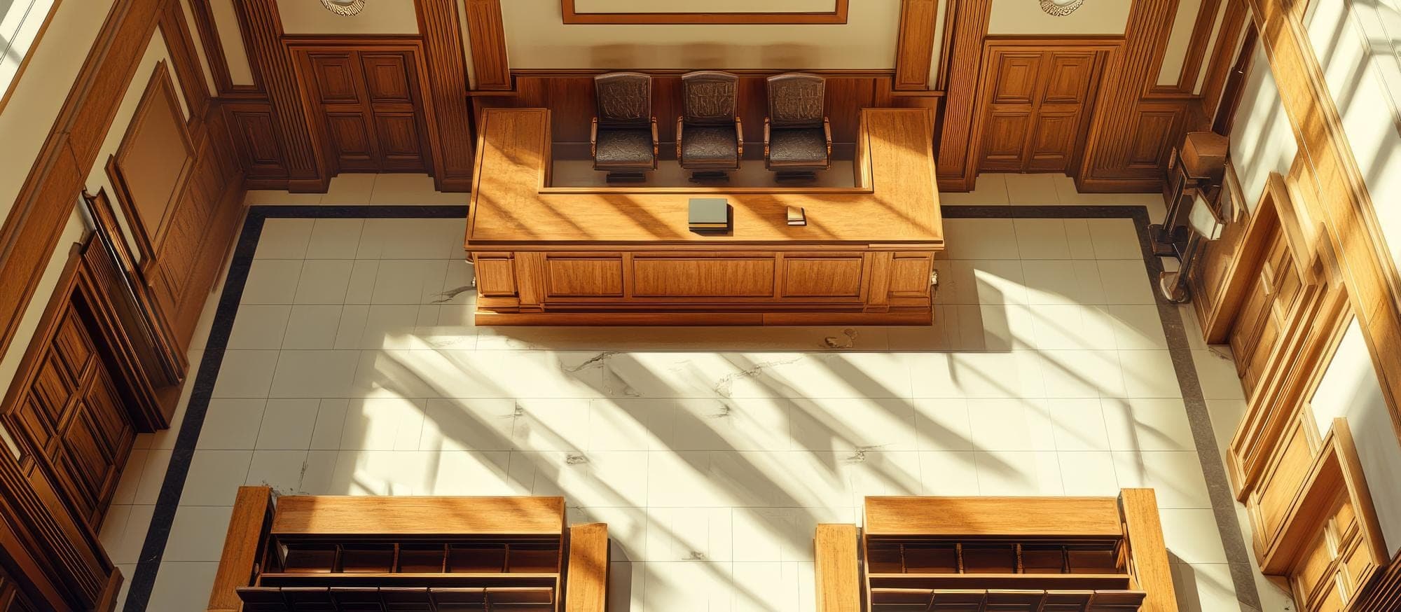 An empty courtroom lit by daylight through tall windows