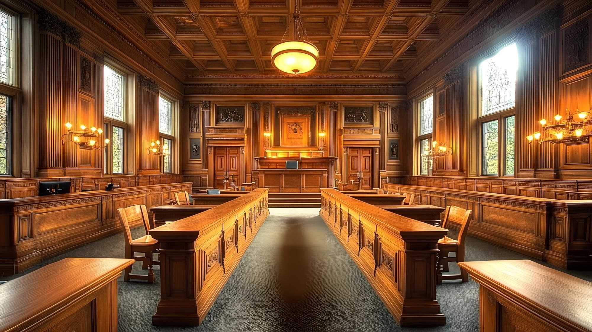 The wooden interior of an empty courtroom