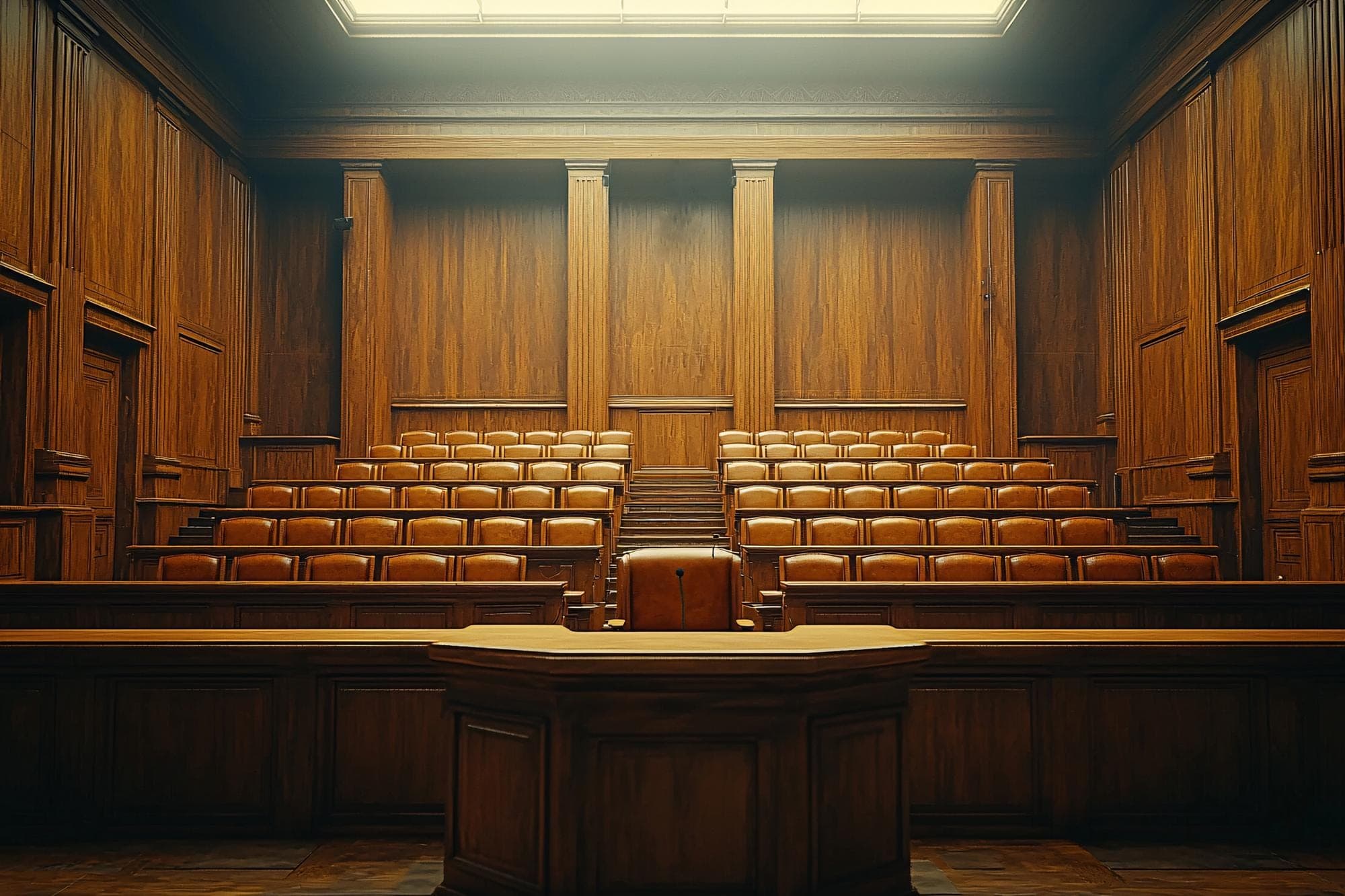 An empty courtroom with wooden paneling and leather seats